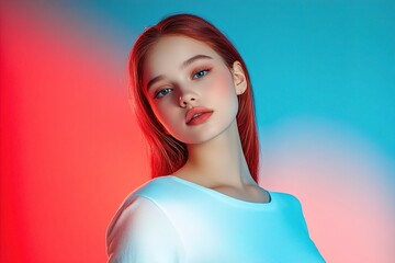 Wall Mural - Portrait of a teenage girl with fair skin and long red hair against a blue and red background, exuding a calm and confident demeanor. Colorful Glow, Dual-Tone Studio Lighting