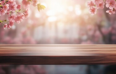 Aufkleber - Wooden Table with Pink Cherry Blossoms in Spring
