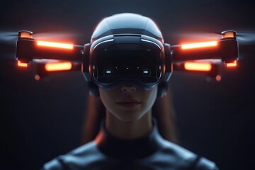 Poster - Innovative technology merges with human experience using a futuristic drone helmet in a dark environment