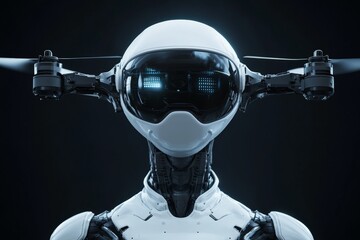 Poster - Futuristic robot with dual drone capabilities showcasing advanced technology in a dark studio environment