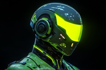Poster - Futuristic robotic figure with neon accents standing against a dark background in a sci-fi setting