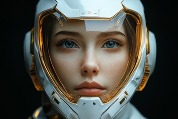 Poster - Futuristic woman in advanced helmet showcasing technology and innovation in a sci-fi inspired setting