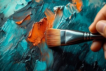 Aufkleber - Artist creating an abstract painting with vibrant orange and blue colors in a studio setting during the afternoon