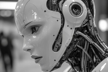 Poster - Innovative humanoid robot design showcasing advanced technology and intricate features in a modern exhibition hall