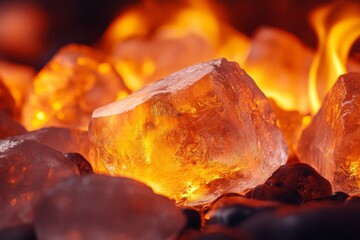 Aufkleber - Glowing crystals amid fiery flames create an enchanting contrast of light and texture in this captivating natural display