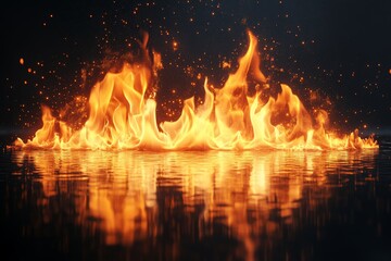 Wall Mural - Fire dances on a reflective surface with sparks illuminating the dark background at night