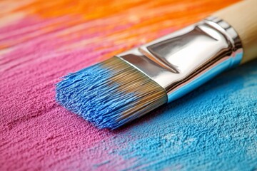 Leinwandbilder - Beautiful brush dipped in vibrant blue paint on colorful background of pink and orange hues