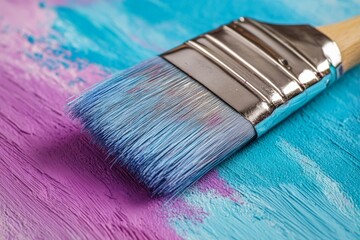 Poster - Brush with vibrant colors creates abstract art on a canvas in a bright studio
