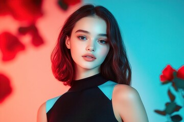 Wall Mural - A young woman with soft features and wavy hair, illuminated by vibrant red and blue lights, exuding a serene yet captivating presence. Colorful Glow, Dual-Tone Studio Lighting