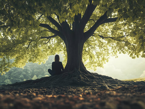 reflection and solitude under a large tree during a serene morning