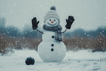 Wall Mural - A snowman stands in the snow with arms outstretched