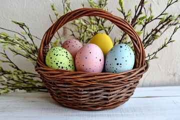 Wall Mural - A wicker basket of colorful Easter eggs on a wooden table