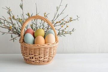 Wall Mural - A wicker basket of colorful Easter eggs on a wooden table