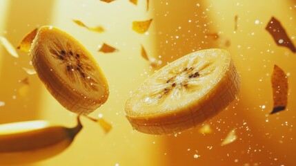 Wall Mural - Fresh Banana Slices Floating in Vibrant Yellow Background