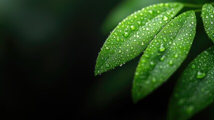 Wall Mural - Dew-kissed leaves, dark background, nature detail, website banner