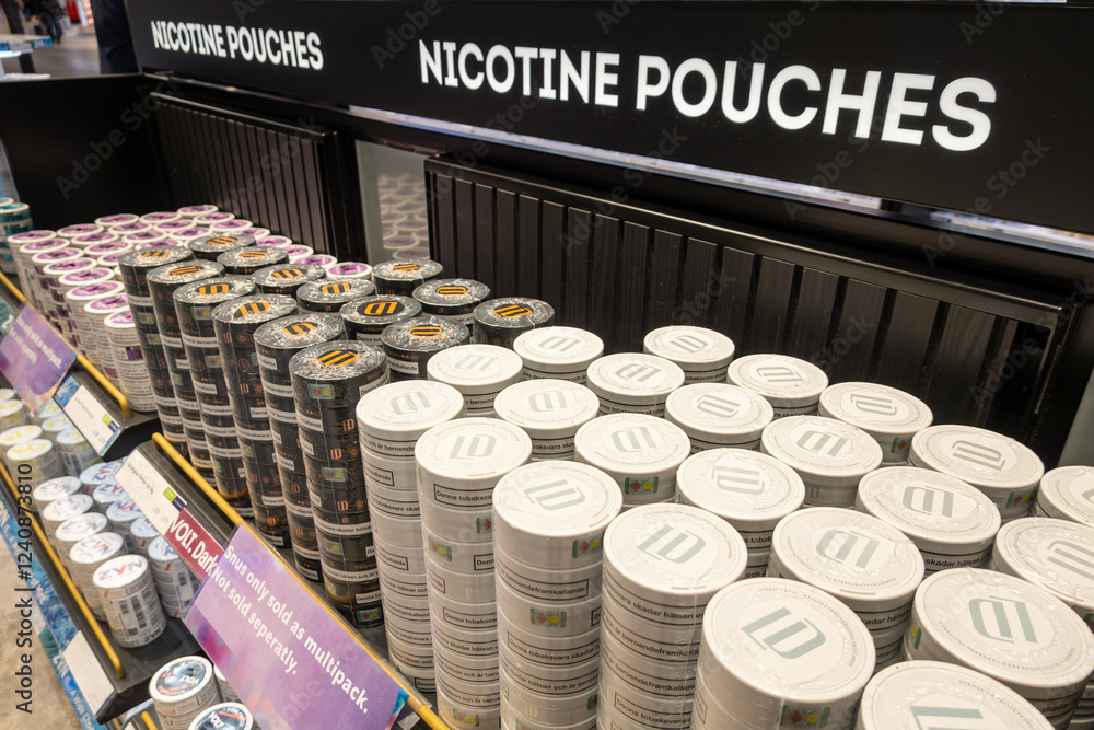 Stockholm, Sweden Nicotine pouches for sale in a duty free shop at Arlanda  Airport. Stock Photo