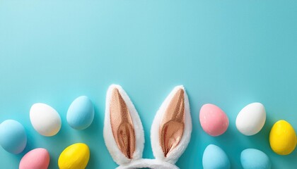 Wall Mural - easter bunny ears white pink blue and yellow eggs on isolated pastel blue background 