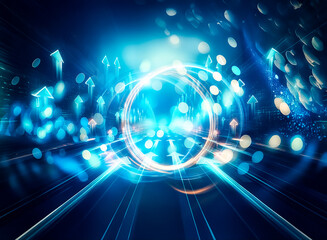 Poster - Abstract blue bokeh background with swirling light effects and luminous particles.  A dark, moody atmosphere with bright highlights.