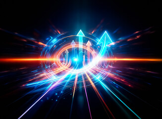 Poster - Glowing blue arrow ascends, symbolizing growth and progress.  A futuristic cityscape is embedded along its trajectory, highlighting technological advancement and urban development.