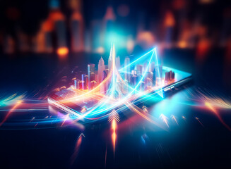 Leinwandbilder - Glowing blue arrow ascends on a black background, symbolizing growth, progress, and success.  Its sleek, curved design implies speed and dynamism.