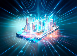 Poster - A glowing blue shield with a cross at its center, radiating energy, symbolizes digital health protection and security within a technological environment.