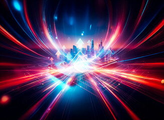 Aufkleber - A futuristic cityscape sits atop a smartphone, illuminated by vibrant neon lights, resting on a circuit board.  The scene suggests a hyper-connected, technologically advanced urban environment.