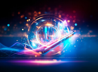 Poster - A vibrant, miniature metropolis glows on a sleek smartphone, showcasing the concept of a mobile connected world.  Neon lights illuminate the futuristic cityscape.