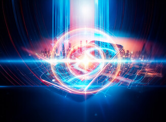 Aufkleber - A futuristic smartphone displays a vibrant, digitally enhanced cityscape, showcasing advanced technology and connectivity.  The glowing river and city lights emphasize a sense of progress.