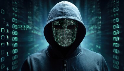  A hooded figure with a binary code face, symbolizing a mysterious hacker or programmer