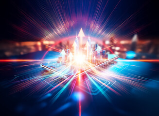 Aufkleber - A miniature cityscape sits on a smartphone, resting on a circuit board.  The image depicts the merging of technology and urban development.