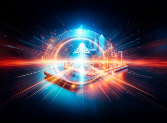Aufkleber - A vibrant, futuristic cityscape model sits atop a smartphone, illuminated by neon blue and orange light, representing the concept of mobile technology and urban development.