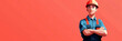 © iri.madrid.art - International workers day celebration with construction worker on vibrant background. Horizontal banner. Copy space. Happy Labour day