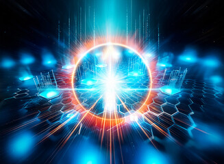 Aufkleber - Abstract digital illustration of a secure network. Glowing blue hexagons form a honeycomb pattern, each containing a padlock symbol.  Data streams rise from each hexagon, depicting network activity.