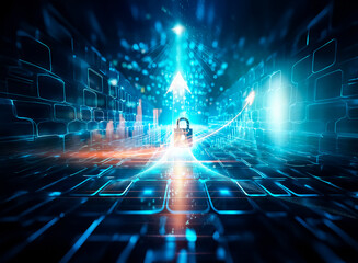 Poster - A glowing padlock sits at the center of a digital tunnel, symbolizing data security and cyber protection within a complex network.  The deep blue hues and futuristic design emphasize the abstract natu