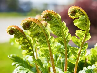 Canvas Print - Fresh Green Fern Foliage Unfurling in Spring Sunshine with Blurred Background of Vibrant Garden Colors