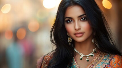 Beautiful indian woman wearing traditional clothes and jewelry posing in a blurred background