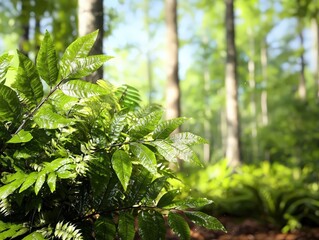 Canvas Print - Lush Green Fern Leaves with Soft Sunlight in a Serene Forest Environment Surrounded by Tall Trees and Abundant Nature