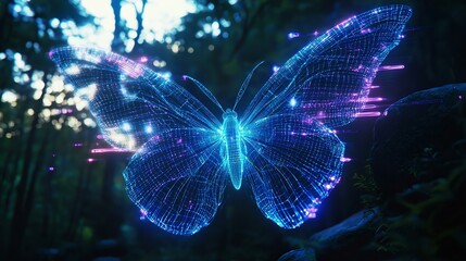 A stunning digital butterfly in a forest, glowing with blue lights and a mesh network design, symbolizing beauty and technology.