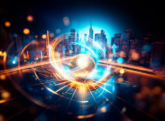 Poster - A futuristic city skyline is reflected on a sleek, dark smartphone displaying a navigation map.  The phone rests on a glowing, technological surface.