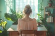 © hkjdesign - Woman with bun sits at wooden desk, surrounded by plants and sunlight streaming through a window.