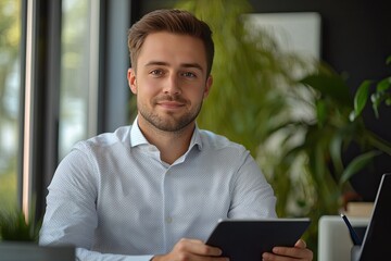 businessman hand working with tablet computer on wooden desk in modern office. Business and technology concept