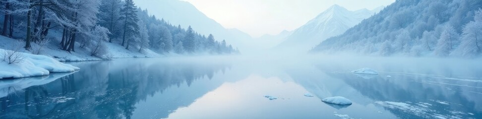 Wall Mural - Frosty mist rises from a crystal lake on an icy terrain, frost, serene