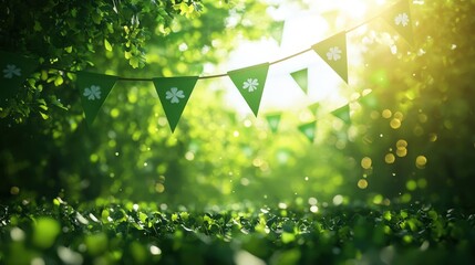 Wall Mural - Festive Green Decorations for St. Patrick's Day Celebration Surrounded by Lush Nature and Vibrant Light Effects in the Background