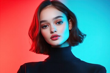 Wall Mural - A close-up portrait of a young woman with a bob haircut, illuminated by contrasting red and blue lights, creating a striking visual impact. Colorful Glow, Dual-Tone Studio Lighting