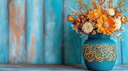 Wall Mural - A vibrant teal vase adorned with intricate patterns, holding an arrangement of golden and white flowers against a rustic blue backdrop.