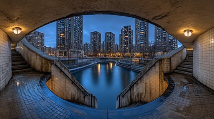 Wall Mural - City canal view from underpass at dusk