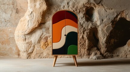 Wall Mural - A stylish, colorful cabinet featuring curved patterns, set against a natural stone background, blending modern design with earthy elements.