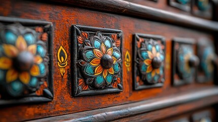 Wall Mural - A close-up of beautifully carved wooden panels featuring floral designs, showcasing intricate craftsmanship and vibrant colors.