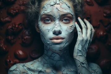 Artistic portrait of a woman with cracked clay makeup covering her face and body, posing against a textured red background