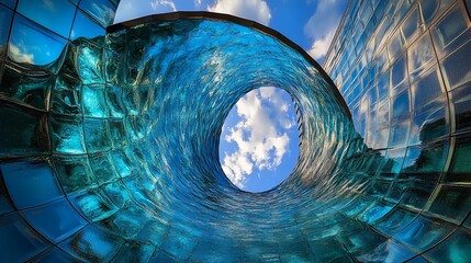 Wall Mural - Cityscape tunnel skylight, modern architecture, blue glass, clouds